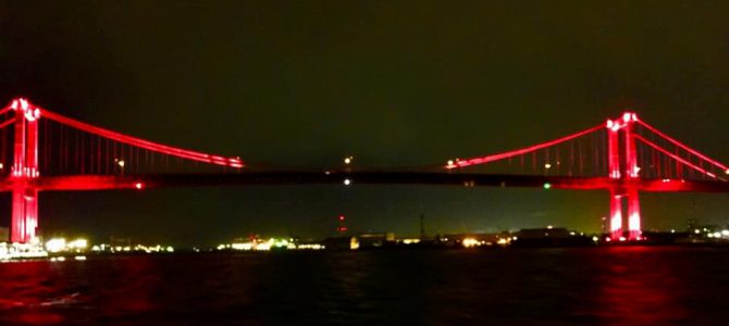 Wakato suspension bridge at night